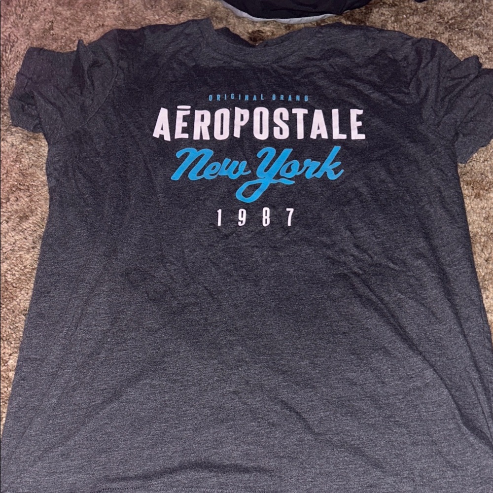 Aeropostale Charcoal Tee with Blue and White Print